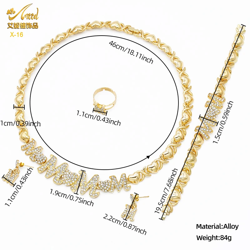 XUHUANG XOXO Women Necklace Set 18K Gold Color Bride M&M Crystal Wedding Necklace Earrings Bracelet Ring Jewelry Set Party Gift 6