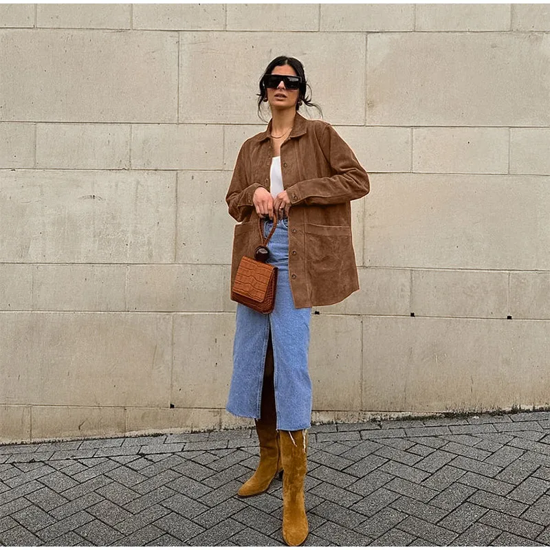 Casual Suede Long Sleeve Jackets Women Autumn Loose Brown Lapel Coat Top With Pockets Female Elegant Chic Street New in Outwear