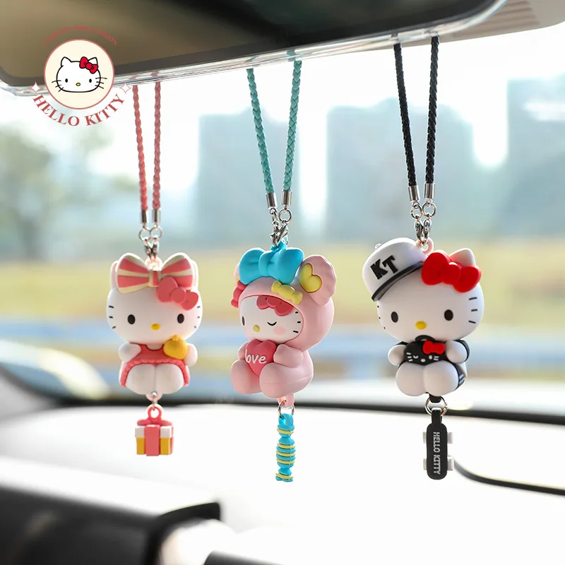 Kawaii Hello Kittys Car Pendant Rearview Mirror Decor Anime Kt Cat Doll Car  Interior Ornament Girl Heart Backpack Keychain Gifts