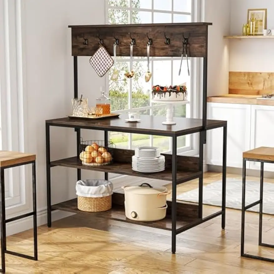 Kitchen Island Table with Storage Shelves and Hutch, 3 Tiers Coffee Bar Rack with and 14 Hooks, Dining