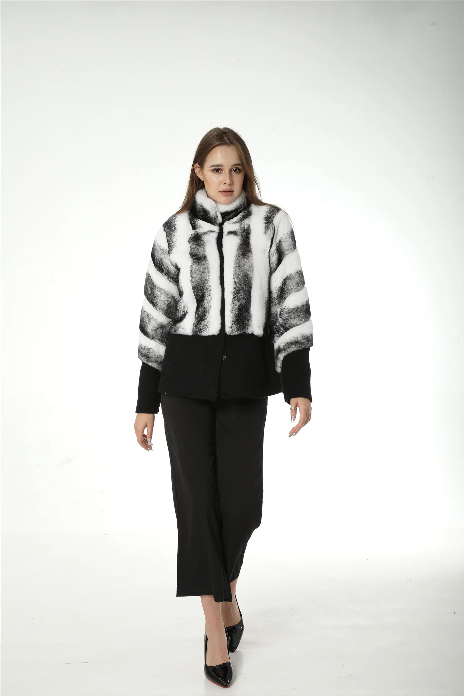 striped real Rex rabbit fur jacket black and white fur coat with wool 100% hem 220612 patchwork  luxury