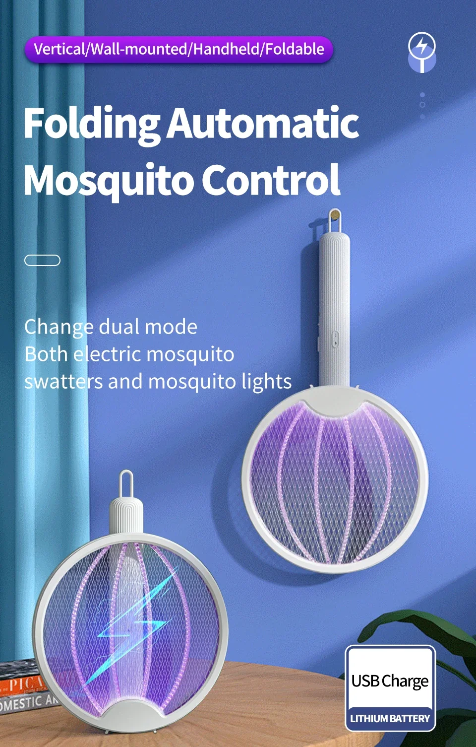 Description Picture 2 of itemFoldable Electric Mosquito Killer USB Rechargeable Fly Trap Mosquito Swatter Racket Insect Killer With UV Light Bug Zapper 3500V