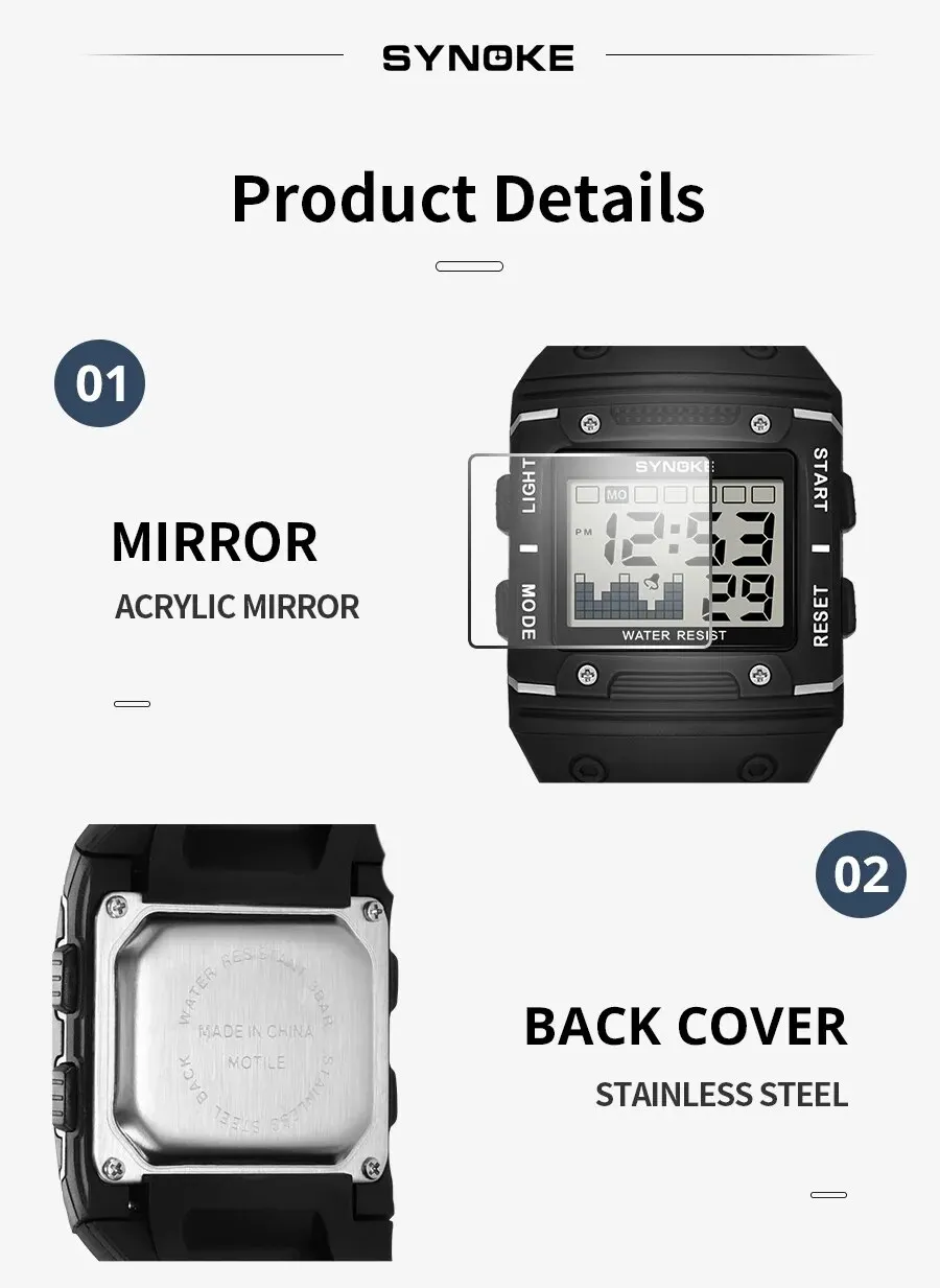 Scd5f4d7aebce42bbba576cb70f4b296dP Digital Watch Men Sports Electronic Watch Waterproof Night Glow Large Screen Square Student Watch Outdoor Running Camping Mallzona