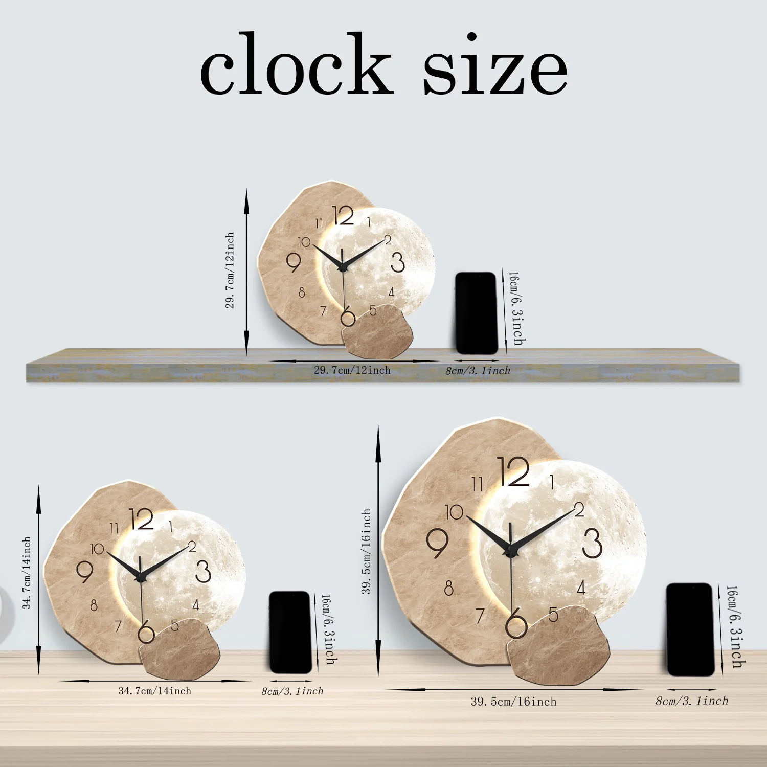 Modern Simple Silent Wall Clock, Moon Design - Quartz Movement, Wooden Material, for Bedroom, Living Room or Office Decoration - Image 4