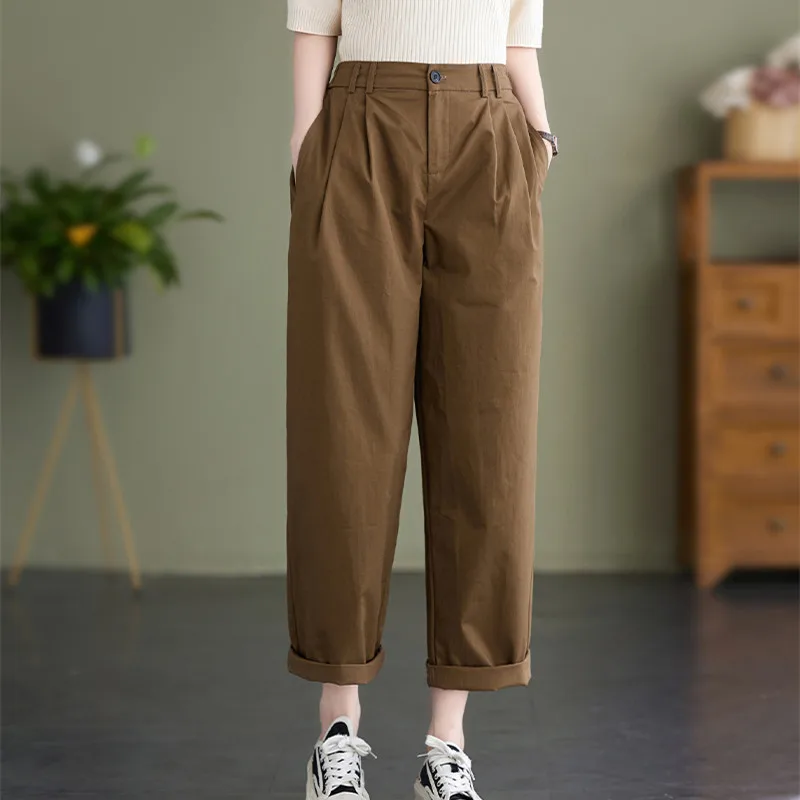 

Korea Style High Waist Fashion Ladies Autumn Cargo Pants Cotton All-match Women Casual Harem Pants Women Spring Straight Pants