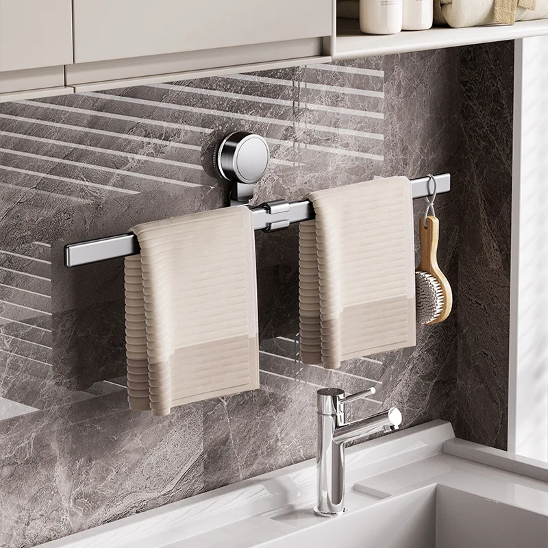 Suction cup bathroom towel rack non-punching toilet gun gray wall-mounted mobile telescopic toilet towel bar single rod