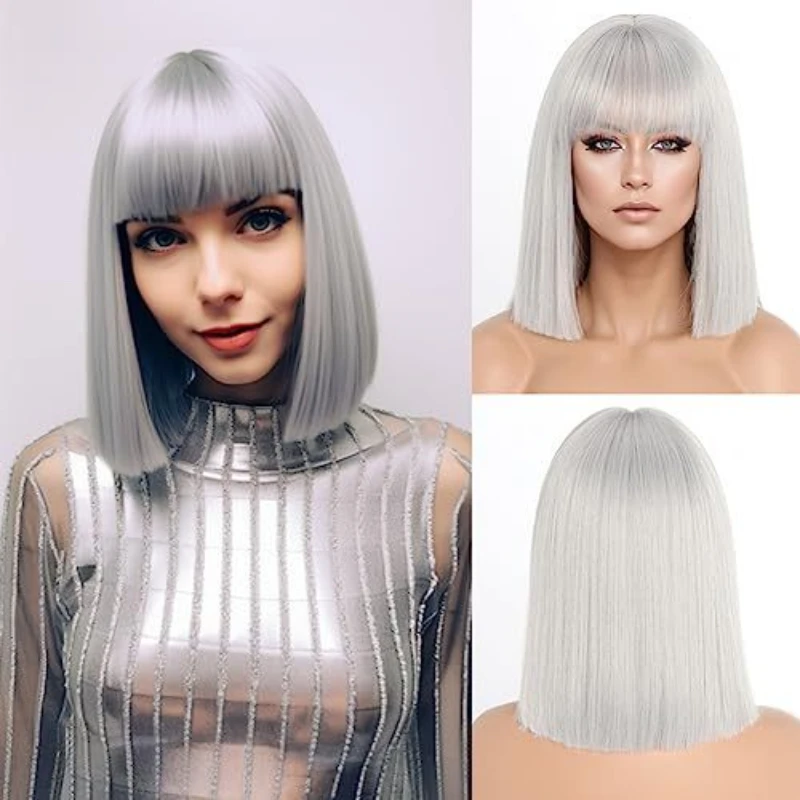 vibrant green halter neck fringe dresses costume matching birthday party clothing foreign trade original brand Festival Party Essential!! Bob Wigs with Bangs for Women, Short Straight Hair, Full Head Cover, Stylish and Vibrant Look