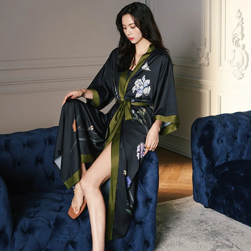 New satin pajamas female summer large size light luxury seven points sleeve cool feeling nightgown bathrobe home clothes female