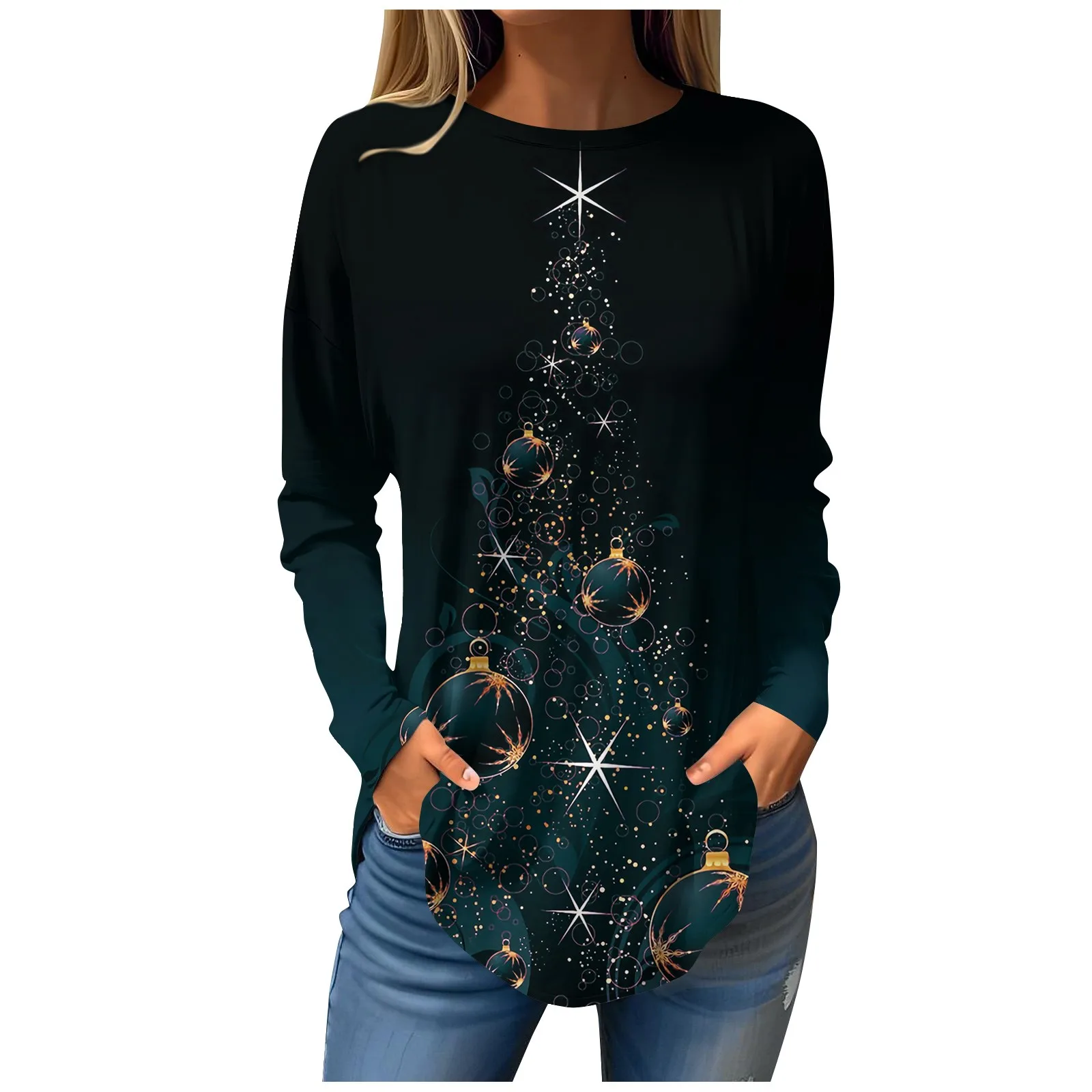 

Christmas T Shirt For Women Fashion Round Neck Long Sleeve New Merry Christmas Women's Blouse Xmas Printed Female Clothing 2023