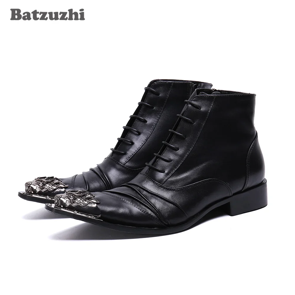 

Batzuzhi British Type Men Boots Pointed Iron Toe Black Genuine Leather Boots Ankle Lace-up Business Shoes Boots botas hombre