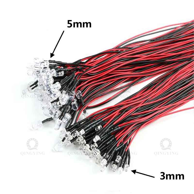 100 PCS Pre-wired Round LED Diodes - 3mm & 5mm, 20cm Wires, 5V/12V/24V, Red/Green/White