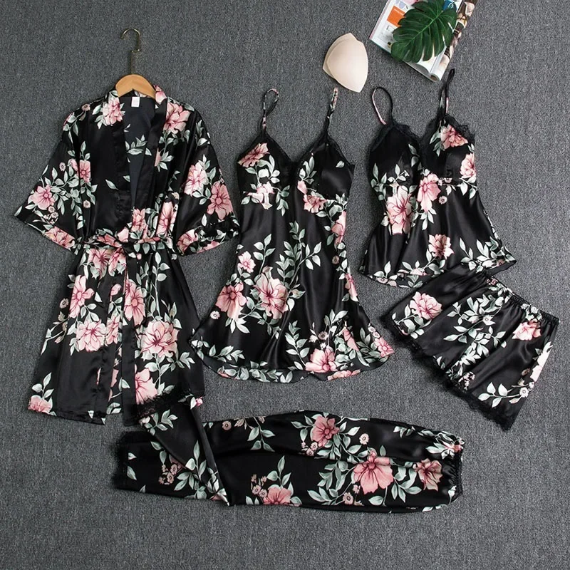 Lace Satin Women's Sleepwear Set Silk V-neck Nightgown 5 Piece_voghion.com