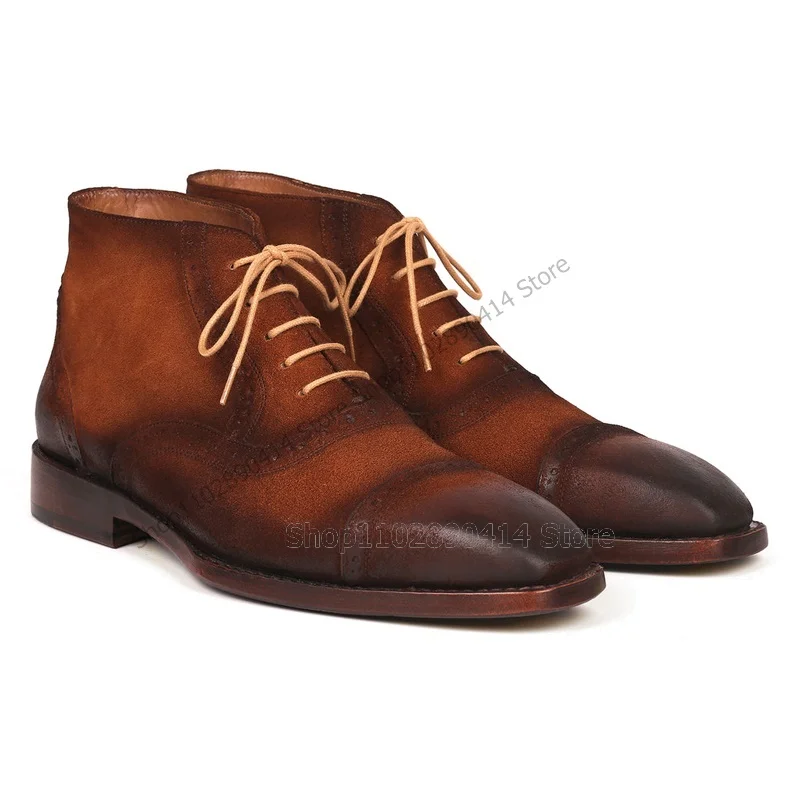

Brown Gradient Color Strappy Ankle Boots Fashion Lace Up Men Boots Luxury Handcraft Party Feast Banquet Office Men Dress Shoes