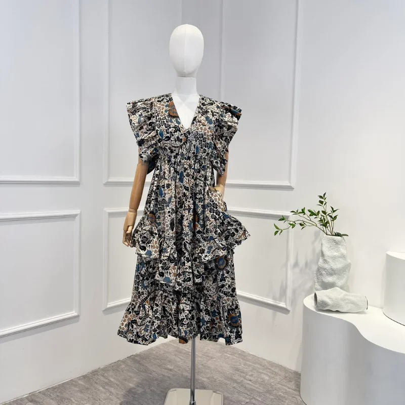 

2023 Summer Women Fashion New Arrival Black Cotton Vintage Printed Flying Sleeve Short Mid-calf Dresses