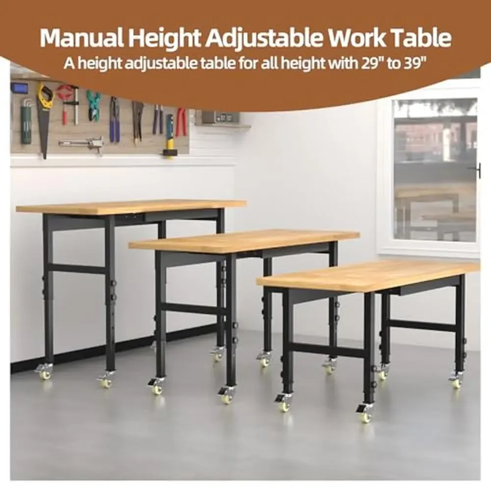Adjustable Rolling Workbench Table with Power Outlet & Drawer Garage 60'' Work Bench with Wheels Heavy Duty Load Capacity woodworking bench woodworking workbench portable workbench