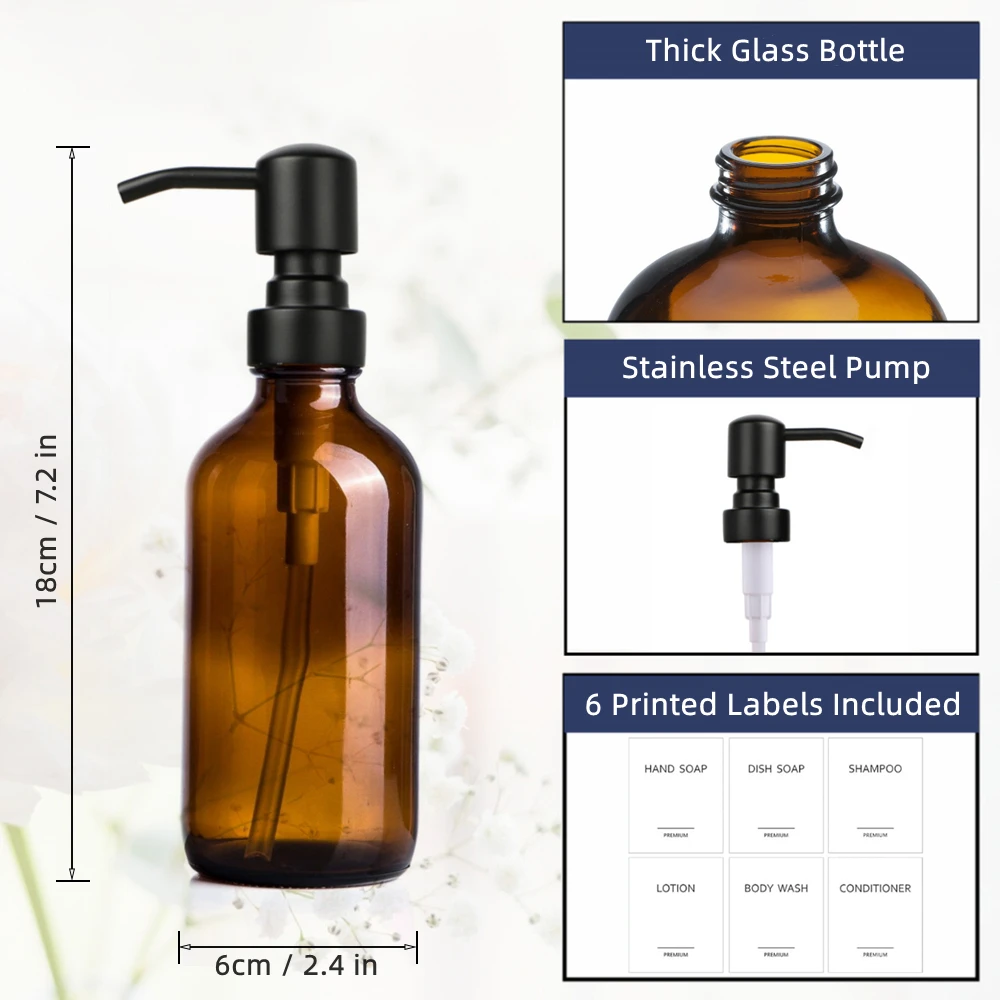 Pump Bottle Dispenser for Liquid Soap, Bathroom Hand Soap Dispenser, Amber Glass Soap and Lotion Dispenser Set, 2pcs 8Oz 250ml 4