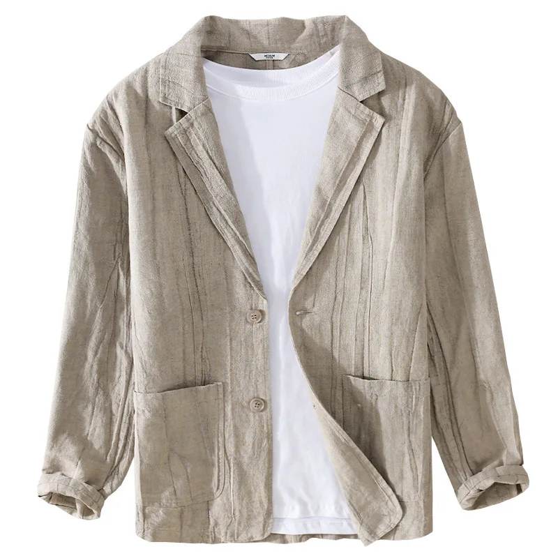 70% Linen 30% Cotton Wrinkled Blazers Vintage Japan Style Spring Autumn Fall Casual Business Thin Coats 24SS Y2k Cool Youth Male