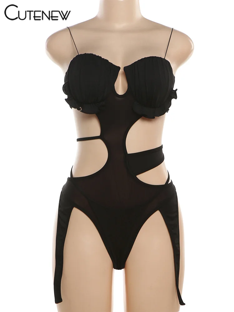 Bodys calados para mujer, sexys, con lazos, sin mangas, espalda descubierta, ajustados, con volantes, impresionantes, de verano, nuevos monos