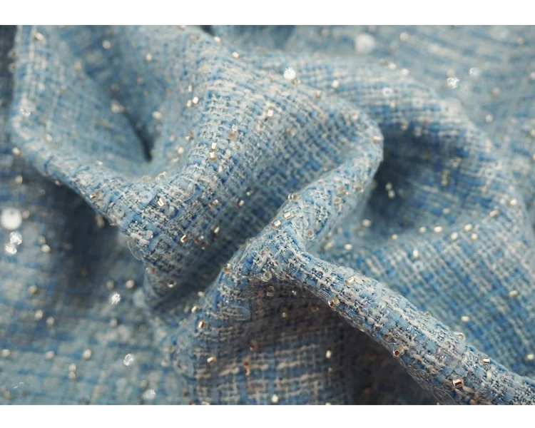 Heller babyblauer Pailletten-Tweedstoff, glitzernder Perlenstoff für Damenjacken, Röcke, Anzüge, DIY-Nähen, Designer-Material, mehrfarbig – Detail 2