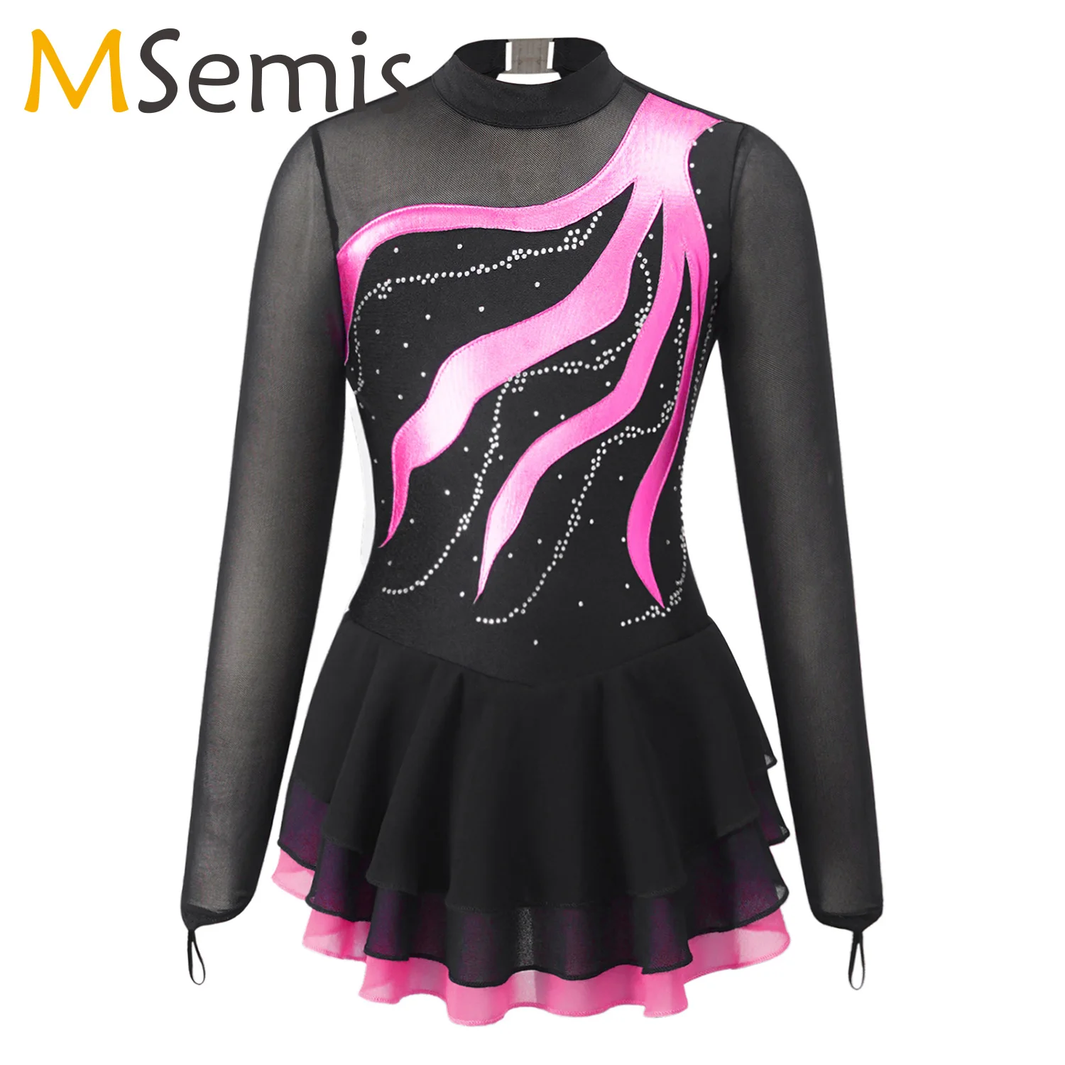 

Kids Girls Ballet Dance Tutu Dress Figure Skating Dress Gymnastics Leotard Long Sleeve Shiny Rhinestone Mesh Lyrical Dancewear