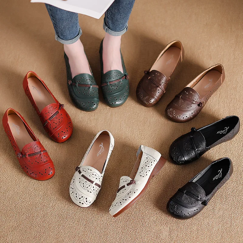 2024 New Retro Ballet Flats Shoes Womens Summer Slip On Loafers Woman Leather Moccasins Hollow Out Office Flat Shoes Ladies