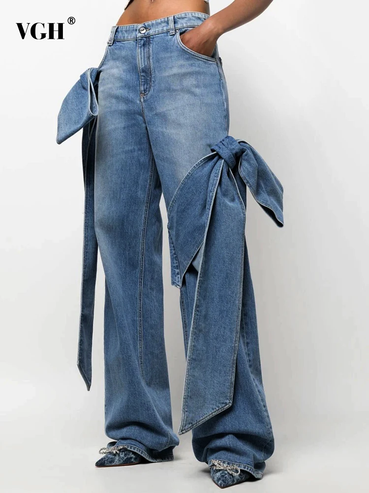 Chic Patchwork Appliques Jeans For Women High Waist Spliced Pockets Straight Trousers Female