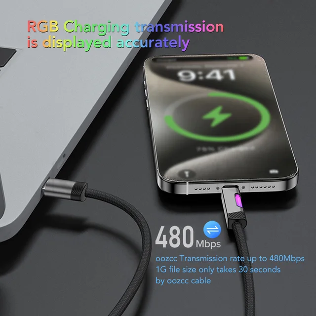 RGB Fast Charging Cable 120W 6A USB Type C Charge Cable with RGB Ambient Light 3