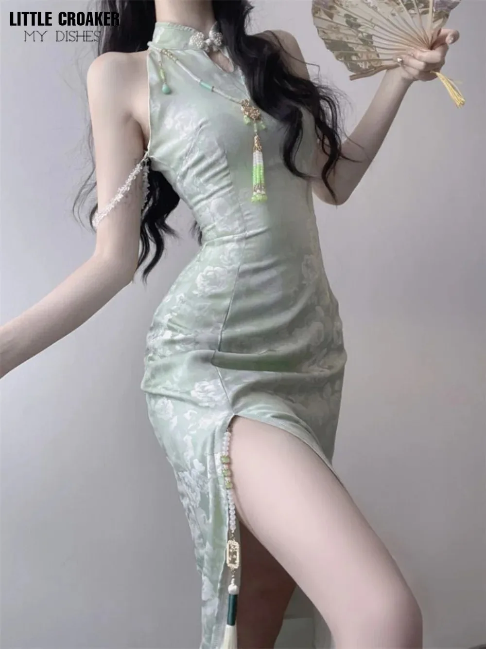 Women New Cheongsam Style Improved Qipao Dress Children's Summer Small Long Print Hanging Neck Off Shoulder Dress