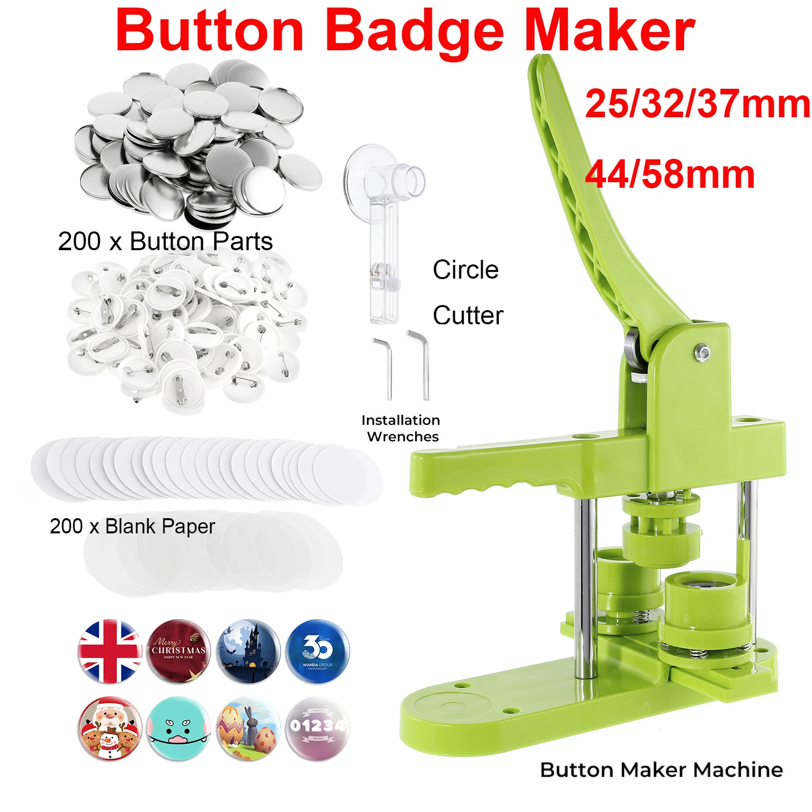 Button Badge Maker Machine Set 25mm 32mm 37mm 44mm 58mm DIY Pin Button Maker Press Machine Badge Punch with 200pcs Parts