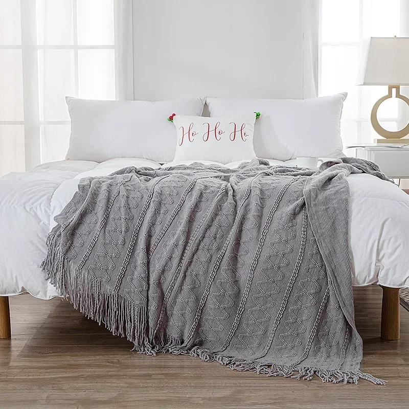 Khaki Knitted Blanket Vintage Green Woven Towel Sofa Blanket Tassel Casual Large Soft Cozy Throw Bedspread Couch Cover Farmhouse 4
