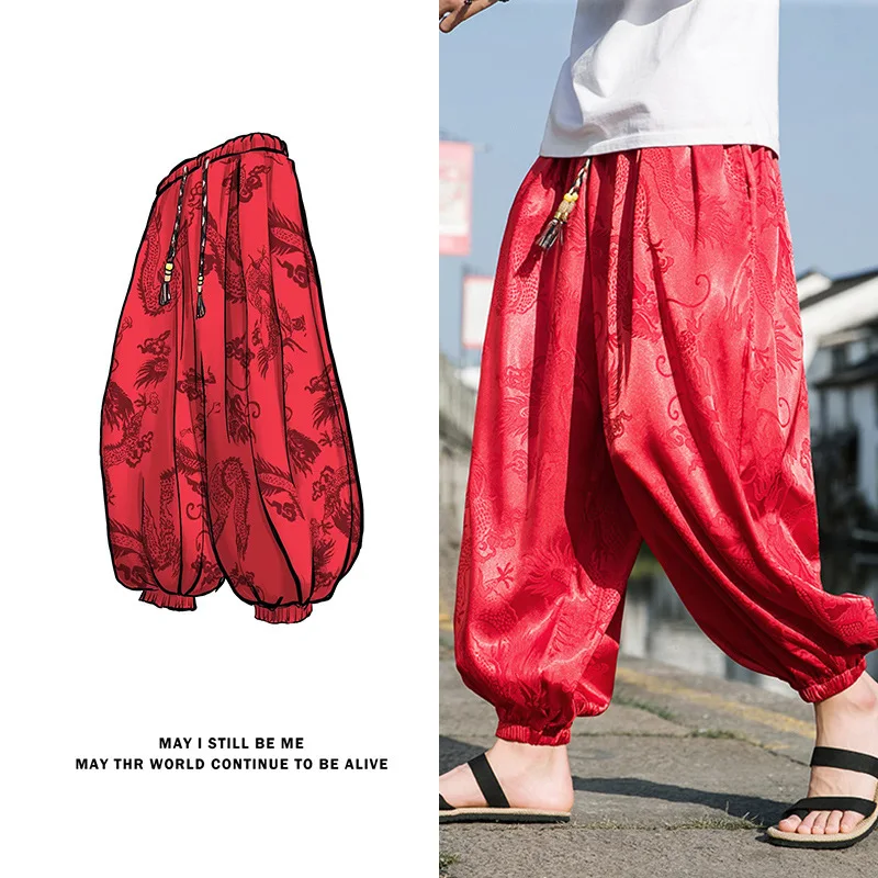 FGKKS 2023 Outdoor Brand Pants For Men Lce Silk Dragon Dark Flower Loose Bloomers High Quality Wide Leg Casual Trousers Male Best Sellers In Men's Clothing