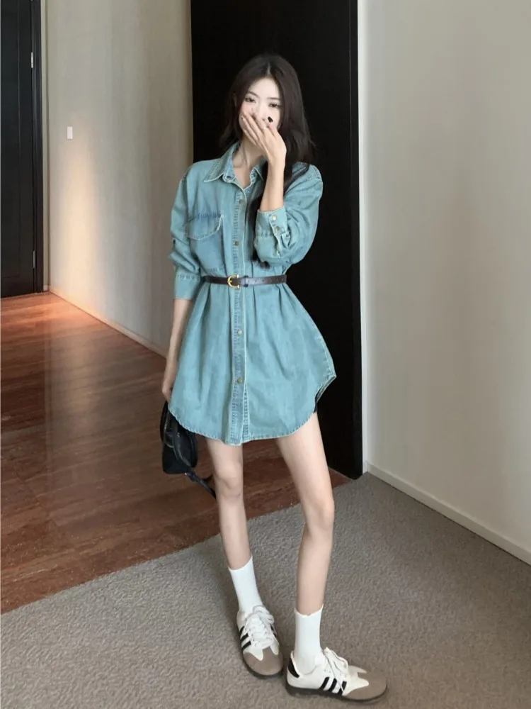Kimotimo 여성용 빈티지 데님 셔츠, 라펠 벨트, 허리 긴팔 상의, 한국 심플 캐주얼 루즈, 중간 길이 블라우스, 2024 용수철