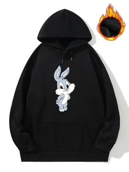طباعة أرنب حجم كبير لطيف Kawaii هوديس للنساء الشتاء الصوف سميكة الدافئة مقنعين البلوز المعتاد الخريف البلوز Y2K