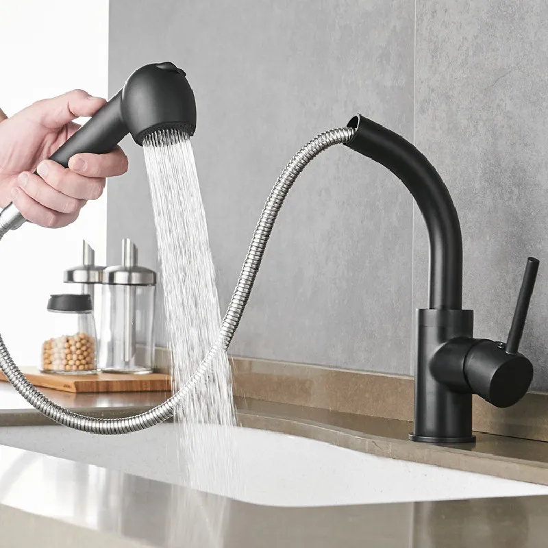 Copper Kitchen Sink Faucets Hot & Cold Mixer Soild Brass Tap Pull Out Single Handle Deck Mounted 360 Degrees Rotating Black