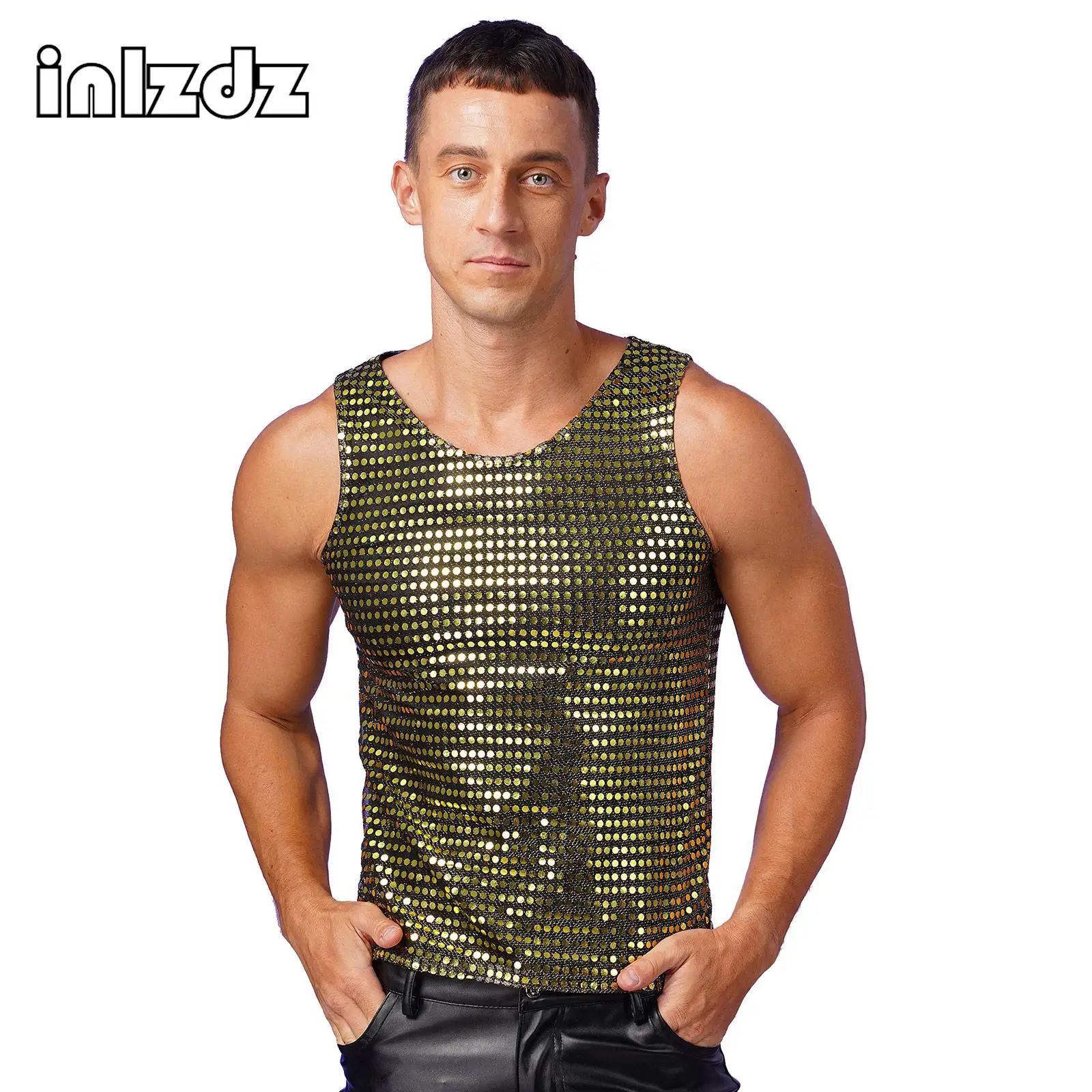 

Mens Sleeveless Sequin Waistcoat Clubwear Nightclub Vest Tank Tops Loose Tops Shiny Christmas Performance Party Clothes