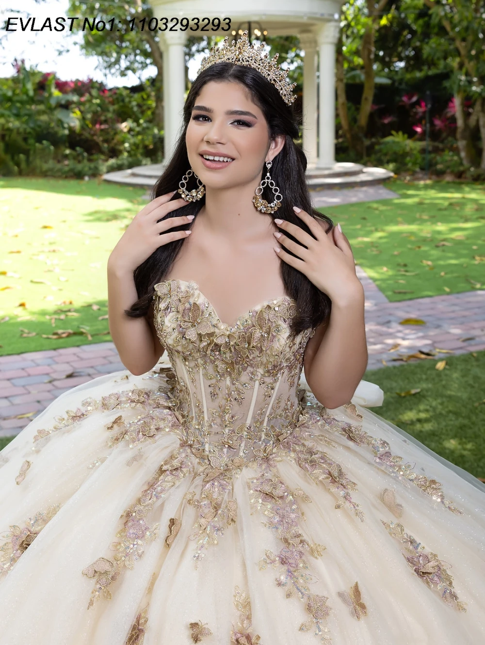 EVLAST Beige Ball Gown Quinceanera Dress Butterflies Applique Beading Bow Sweet 16 Party Vestidos De 15 Anos E1Q695