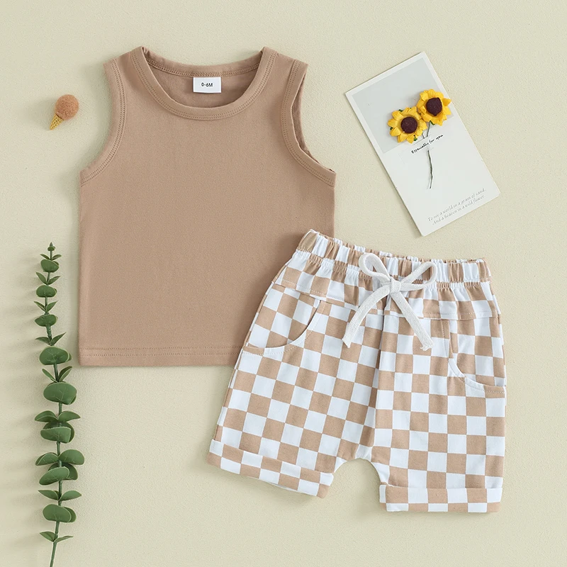 2023-12-09 lioraitiin Summer Baby Boy Clothes Solid Sleeveless Tank Top Checkered Shorts 2Pcs Outfit Set 3