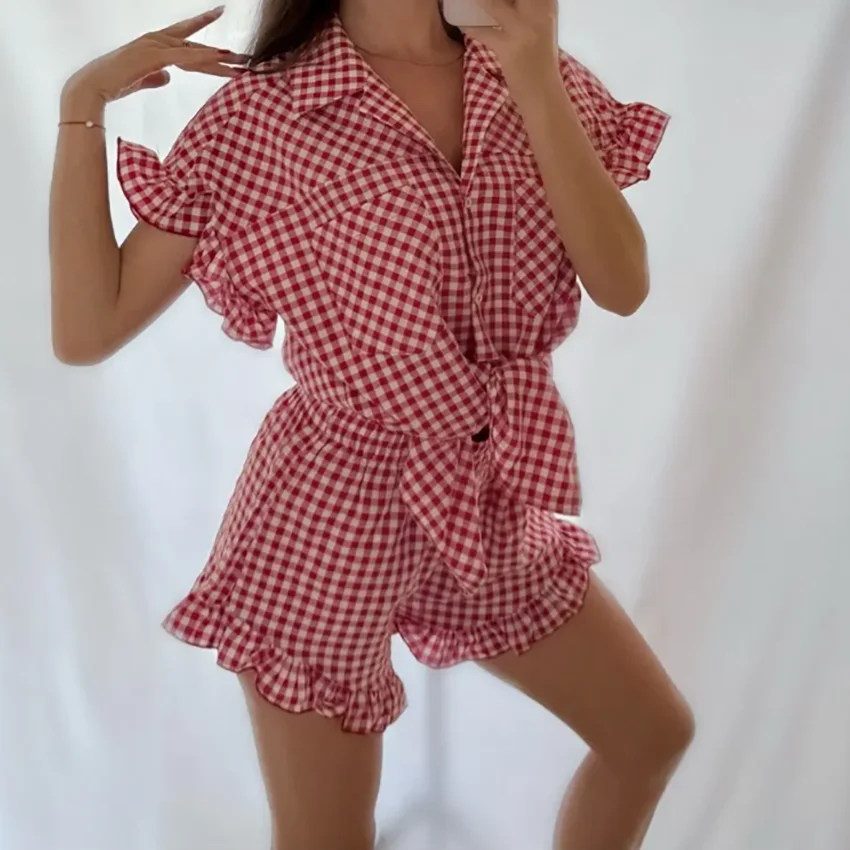 Linad Office Single-Breasted Shirts Elegant Plaid High Waist Shorts With Button Up Shirts 2 Piece Set Street Chic Outfits Summer