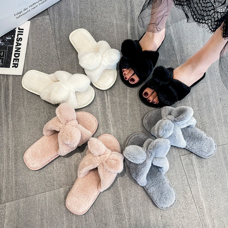 

2023 Women Fashion Bowknot Warm Slippers Casual Pure Color Comfortable Indoor Fashion Home Slippers Plush Cotton Indoor Slippers