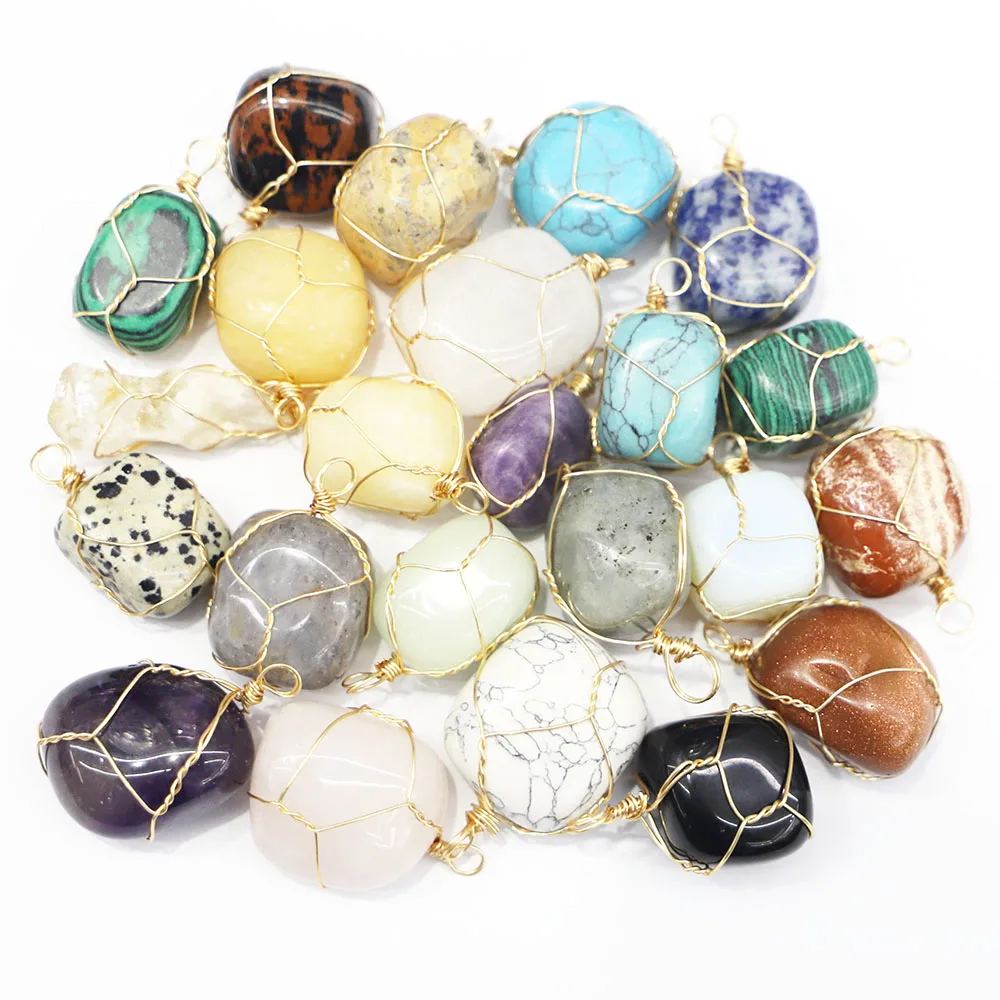 Natural Stone Gold Line Wire Winding Necklace Pendants Irregular Multicolor Quartz Crystal Agate Charms Jewelry Accessories 8Pcs