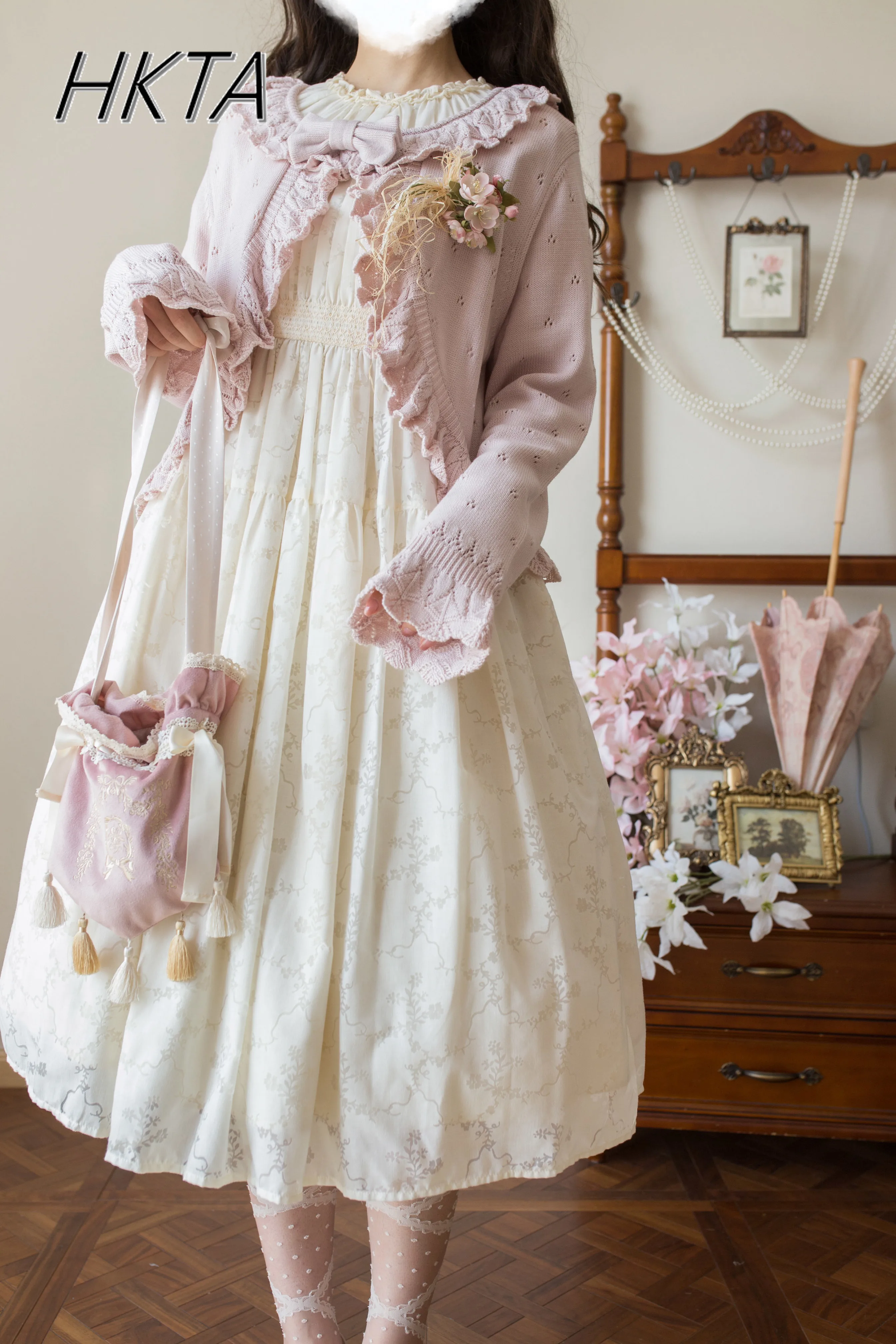 Kawaii Cute Lolita Sweater Cardigan 2025 Spring New Knitted Sweater Soft Girl Sweet Bow Ruffle Edge Long-sleeve Sweaters Jacket 2