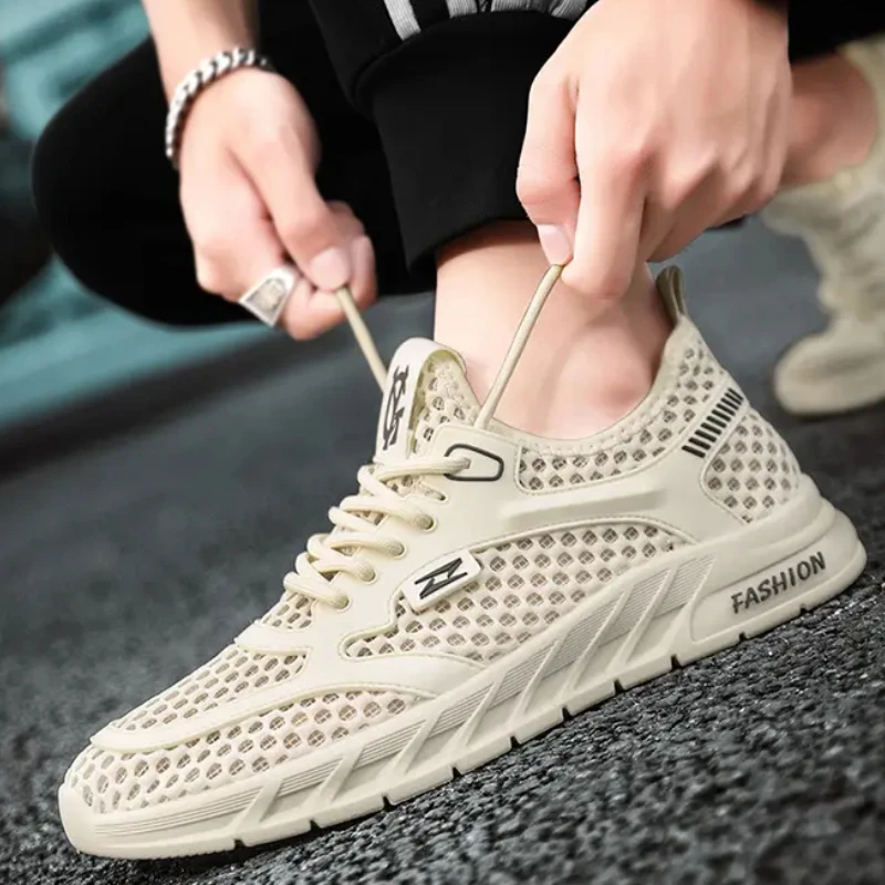 Men Lace Up Sneakers Mesh Hollow Round Toe Wading Vulcanised Shoes Breathable Thick Sole Comfort Trainers Chaussure Homme