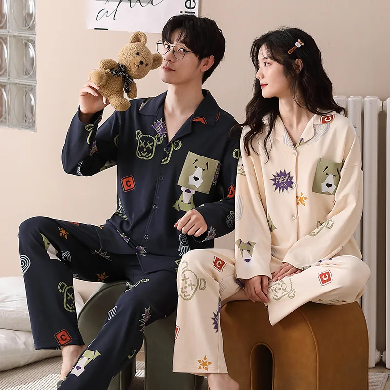 2023 New 100% Cotton High Quality Sleepwear For Couples Spring Autumn Women's Pajamas Men's Cardigan Nightwear pijamas feminino