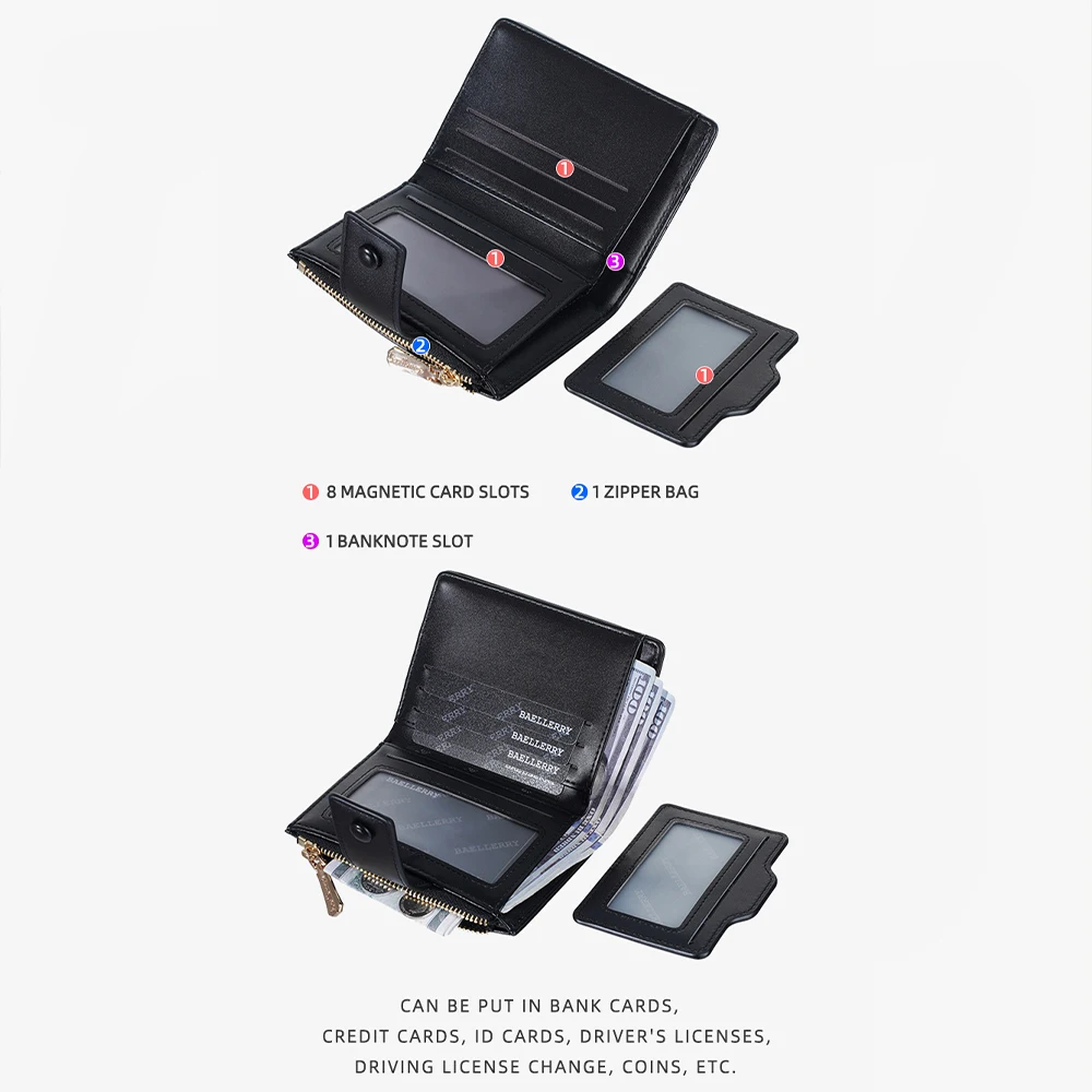 Baellerry Women's Ultra-Thin Short Wallet, Crocodile Pattern Leather, Metal Buckle Design, Simple and Stylish Card Holder