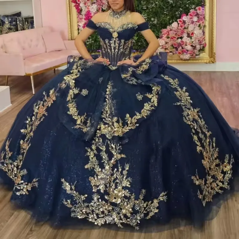 Glittering Navy Blue Quinceanera Dresses Luxury Golden Crystal Lace Vestidos 15