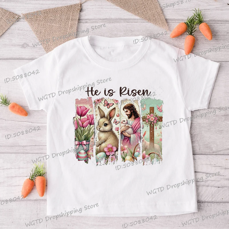 Vintage Christianity Rabbit Print Kids T-shirts Jesus God Graphic Fashion Boys Girls T Shirts Fashion Easter Cartoon Tops Tees 2