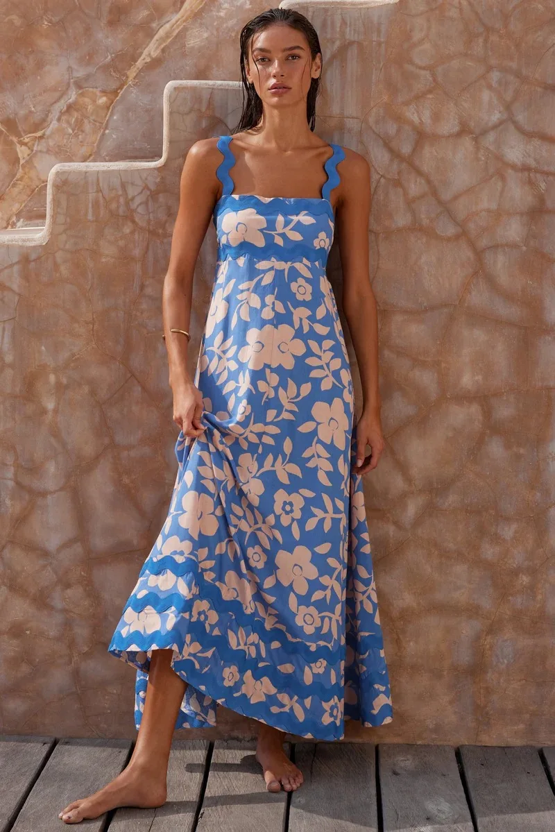 Bohemian Summer Printed A-line Long Dress Sexy Backless Holiday Beach Spaghetti Strap Dresses For Women Maxi Vestidos Para Mujer