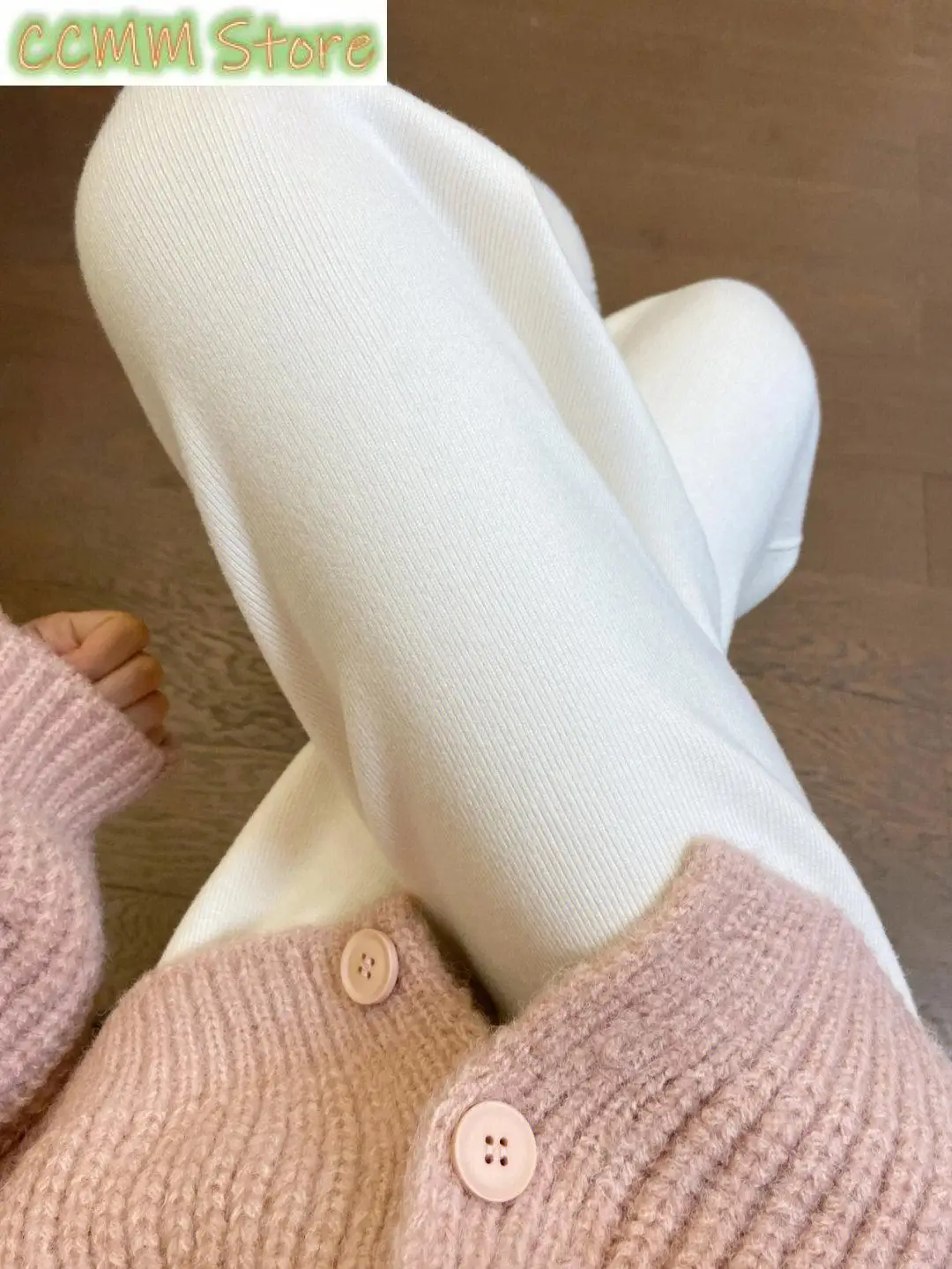 Fashion Knitted White Wide Leg Pants Women's Autumn Winter High Waist Straight Tube Slim Casual Drudging Mop Long Pants