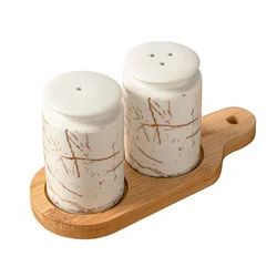 Marble Pattern Ceramic Spice Jars with Wood Tray - Kitchen and Party Decorative Set (1 SET)