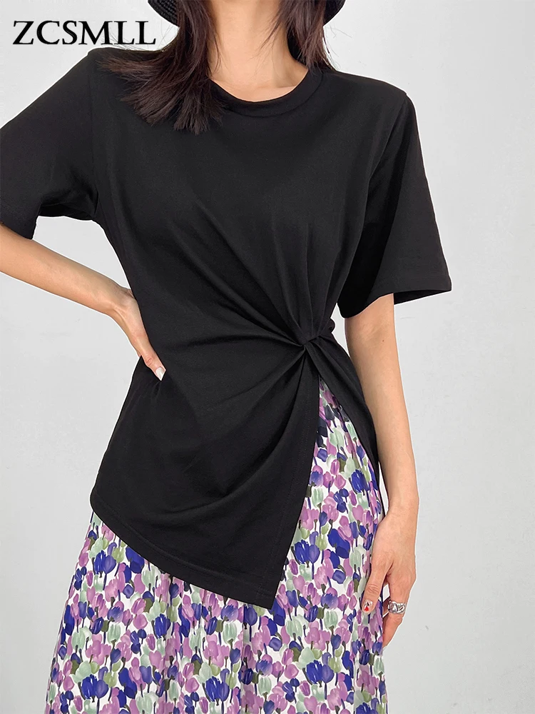 

ZCSMLL Women Black Hem Irreuglar Slit Pleated T-shirt New Round Neck Short Sleeve Fashion Tide Spring Summer 2022 T8720